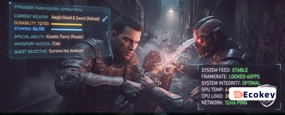 Action combat sequence in Stranger Than Heaven with system performance monitoring metrics overlay.