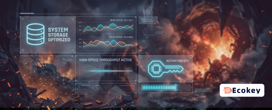Digital storage optimization metrics and software activation icons contrasted against a blurred, intense background of the Locust horde.