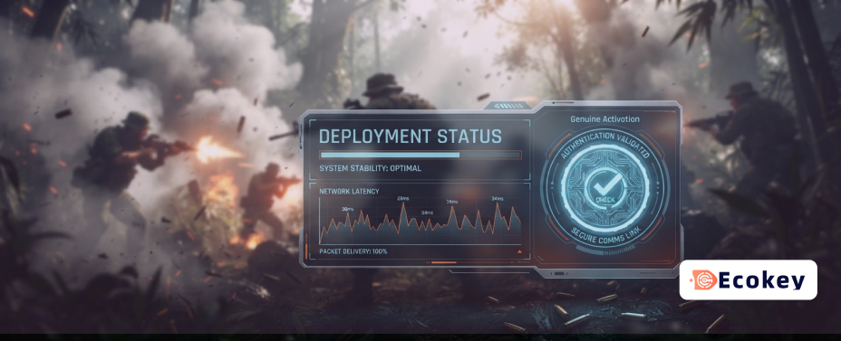 Tactical deployment and system performance interface overlaid on a blurred, intense jungle firefight scene.
