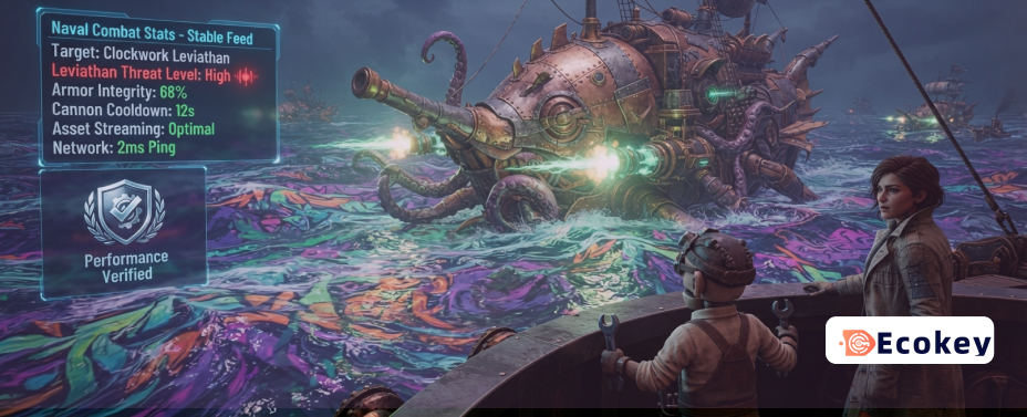 The naval combat HUD in Sea of Remnants showing optimized performance metrics during a raid.