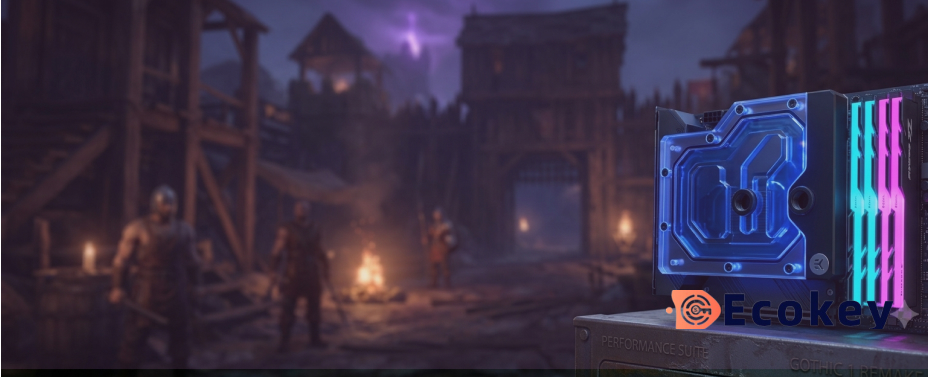Sharp glowing computer hardware components and optimization graphics layered over a beautifully blurred background scene of the Gothic 1 Remake Old Camp.