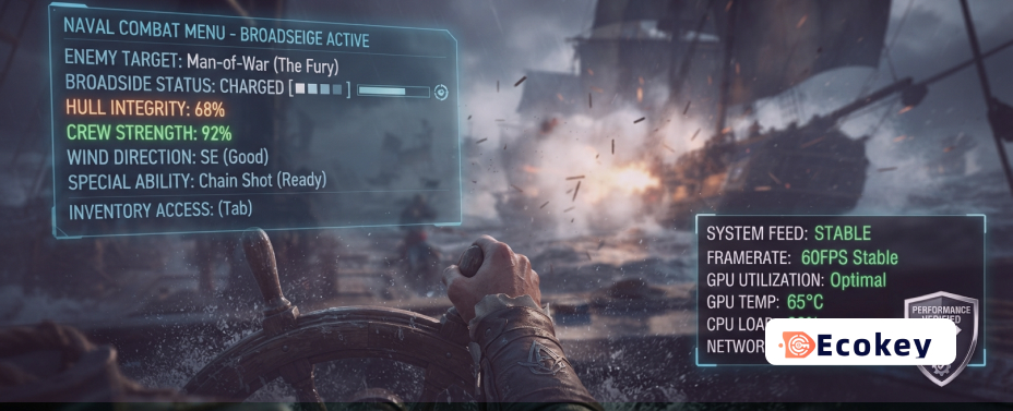 Naval combat interface in Assassin&rsquo;s Creed Black Flag Resynced with system performance monitoring metrics overlay.