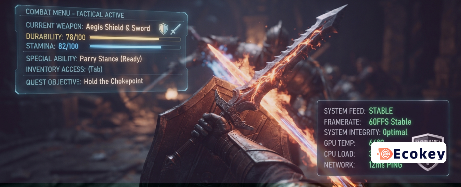 Cinematic melee combat interface in Blood Message with system performance metrics overlay.