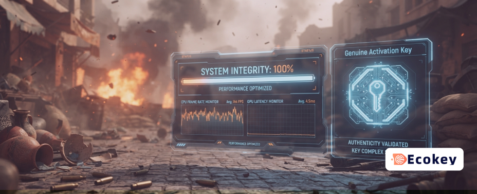 Holographic performance monitoring interface and activation stats layered over a blurred, intense battlefield scene.