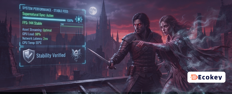 A combat HUD from The Blood of Dawnwalker showing optimized system performance metrics during a vampire state transition.