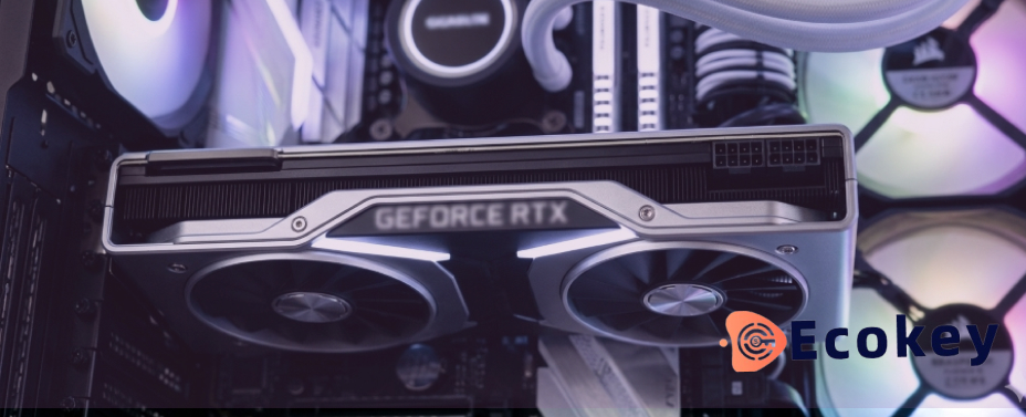 A detailed close-up shot of a modern graphics card installed inside a computer case, glowing with clean white LED lighting.