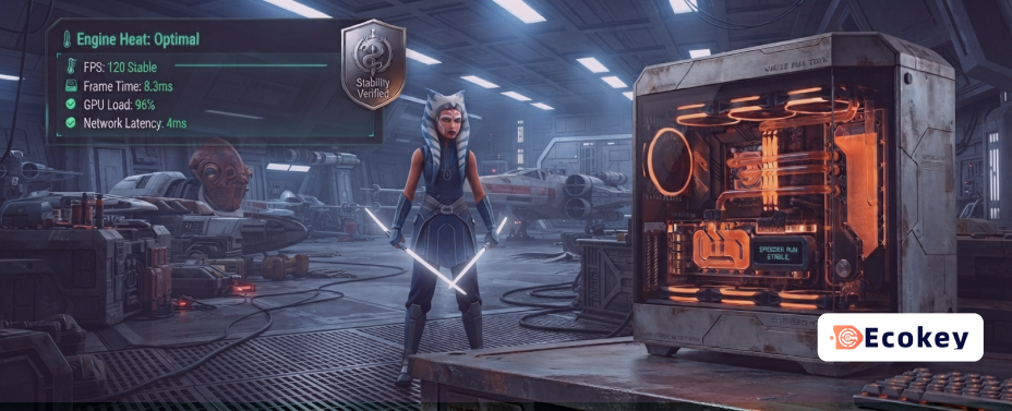 A racing HUD overlay showing optimized system performance metrics in Star Wars: Galactic Racer.