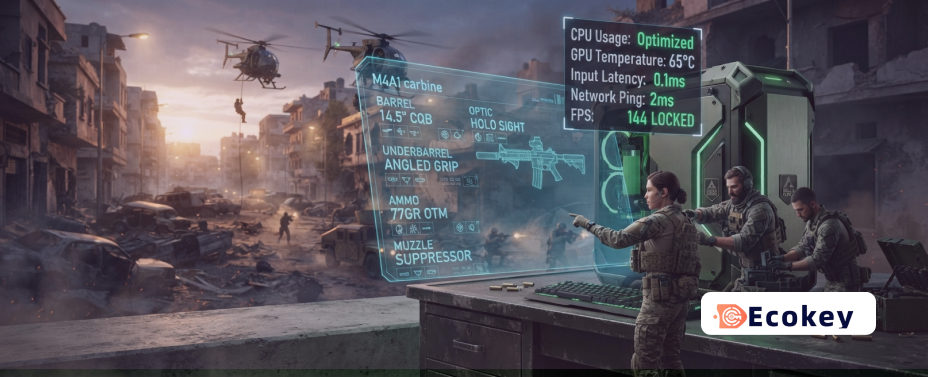 Tactical loadout screen in Delta Force with system performance metrics overlay.