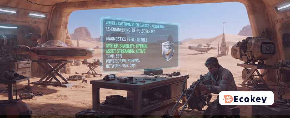 Vehicle customization menu in Star Wars: Galactic Racer with system performance overlay.