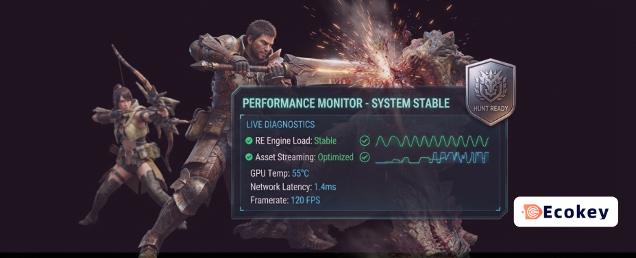A combat HUD overlay showing system performance stability in Monster Hunter Wilds.