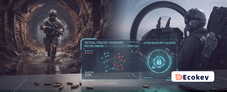 Tactical strategy dashboard and system security metrics overlaid on a split-view combat scene from Hell Let Loose: Vietnam.