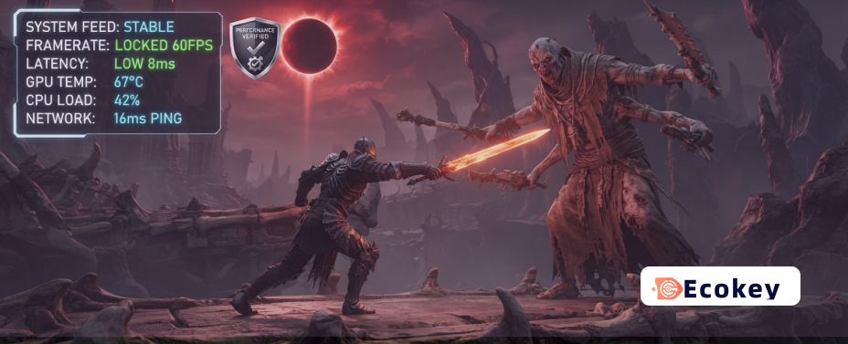 Action combat sequence in Mortal Shell 2 with system performance monitoring metrics overlay