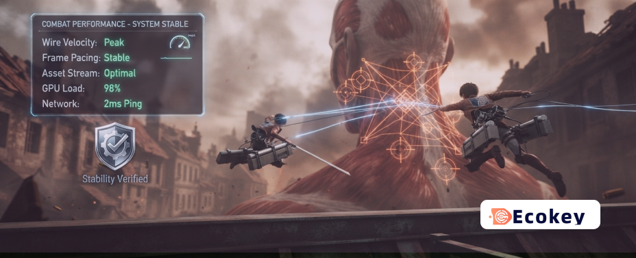 A combat HUD from Attack on Titan 3 showing optimized system performance metrics.