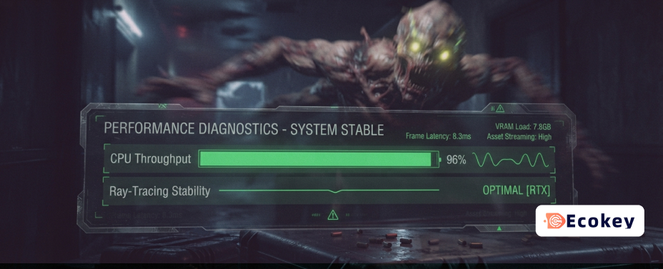 A professional performance diagnostic HUD showing system stability during Resident Evil Requiem.