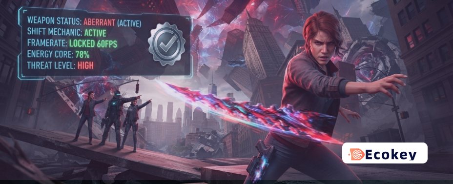 Combat gameplay in Control: Resonant showing the Aberrant weapon and performance tracking UI.