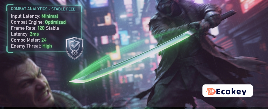 Fast-paced combat action from The Last Ronin with a performance overlay showing optimized system stats.