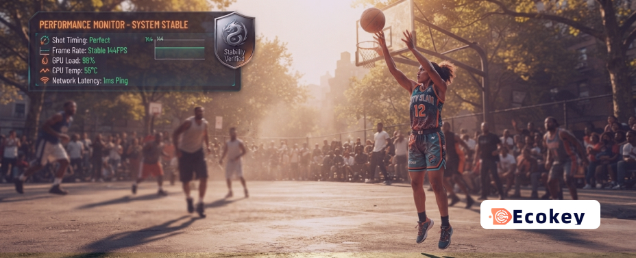 A gameplay HUD from NBA: The Run showing optimized system performance metrics.